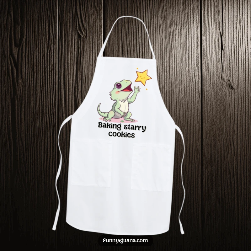 Funny kawaii iguana apron, humorously reaching for a star while cooking, perfect for adding a playful touch to the kitchen.