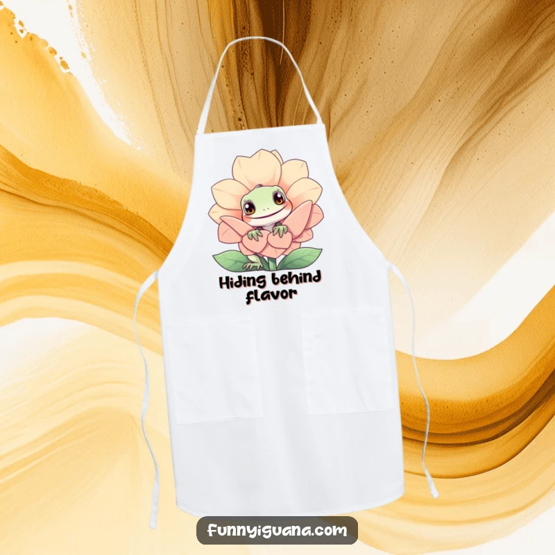 Funny kawaii iguana apron showing a curious iguana peeking from behind a giant smiling flower. Protects clothes with style.