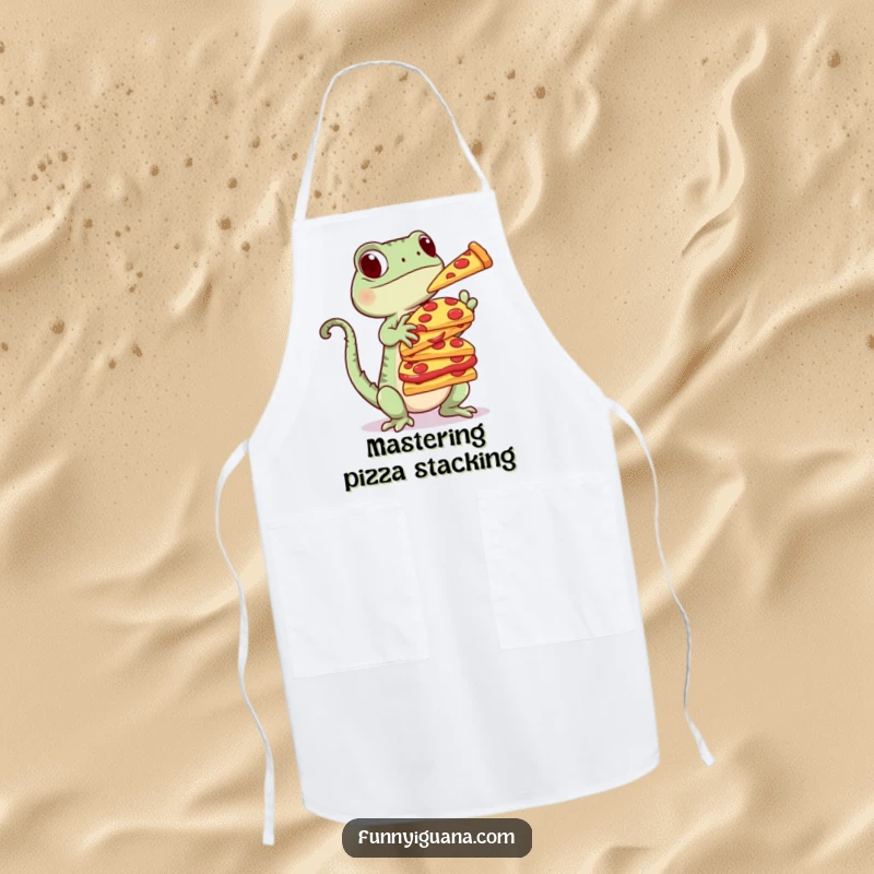 Funny Kawaii Iguana Apron: kitchen apron with a cute iguana balancing a tall stack of pizza slices, adding humorous appeal to cooking.