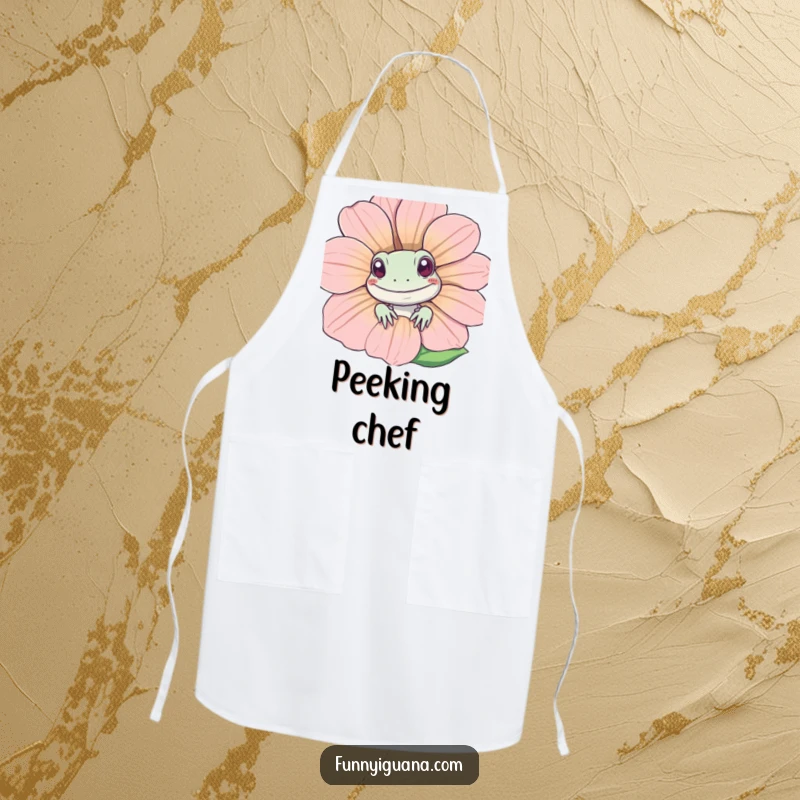 Funny Kawaii iguana peeking from behind a smiling flower, featured on a functional apron, making kitchen tasks a fun and funny experience.