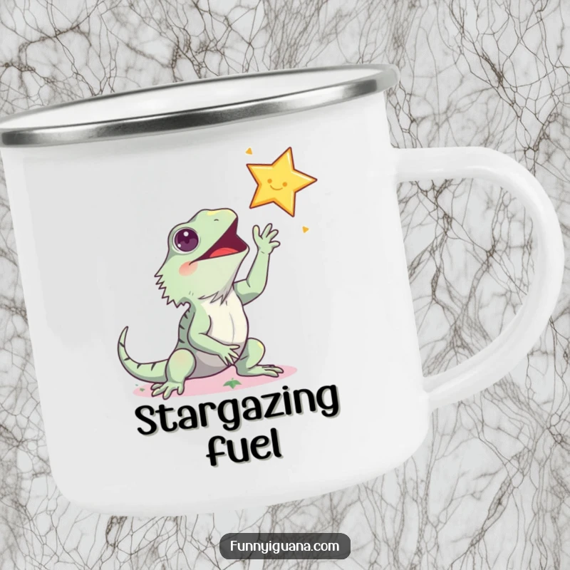 Funny kawaii iguana camping mug, humorously reaching for a distant star, designed for adventurous coffee lovers with a sense of humor.