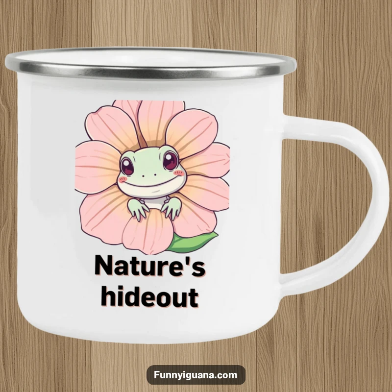 Funny Kawaii iguana peeking from behind a smiling flower on a sturdy camping mug, perfect for outdoor enthusiasts and a dose of humor.