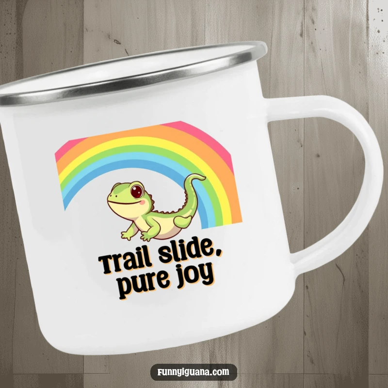 Funny Kawaii Iguana Camping Mug: enamel mug with a cute iguana sliding down a bright rainbow, ready for a delightful adventure.