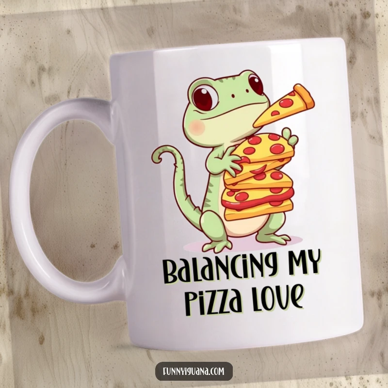 Funny Kawaii Iguana Mug: cute iguana playfully balancing a tall stack of pizza slices, expressing delicious fun and a bit of chaos.