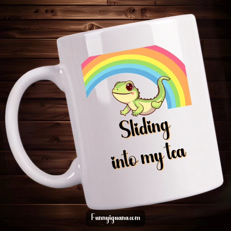 Funny Kawaii Iguana Mug: cute iguana joyfully sliding down a vibrant rainbow, expressing pure delight and a sense of adventure.
