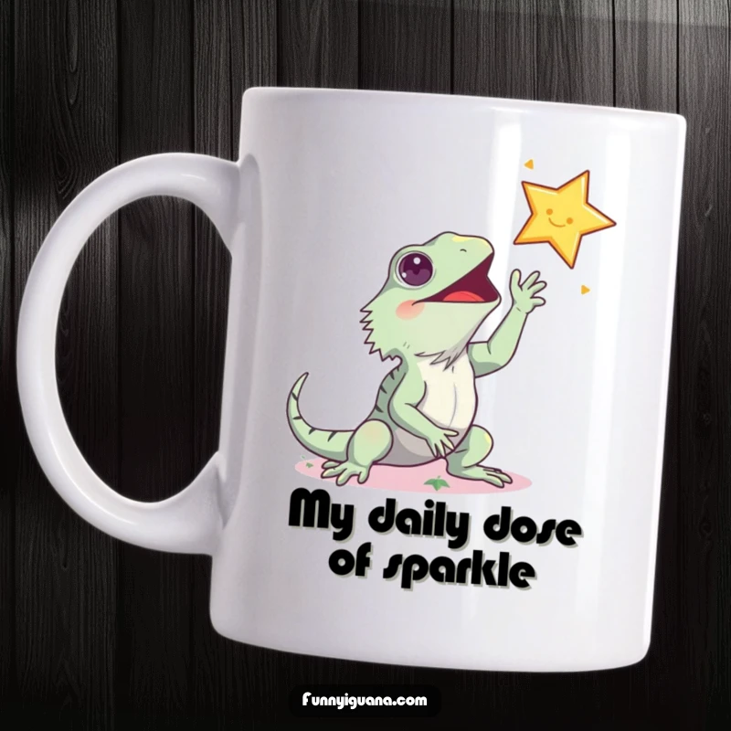 Funny kawaii iguana mug, enthusiastically reaching up towards a shiny, bouncing star, embodying ambitious and humorous aspirations.