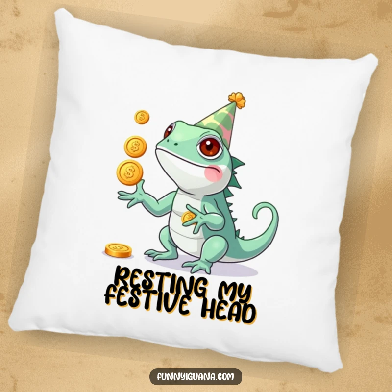 Funny Kawaii Iguana Pillow: plush pillow with a cute iguana in a party hat, juggling shiny coins, a fun and festive accent.