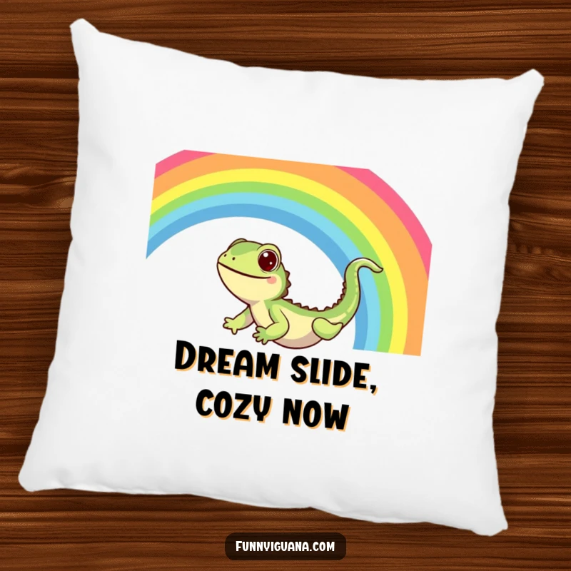 Funny Kawaii Iguana Pillow: plush pillow with a cute iguana sliding down a vibrant rainbow with sheer delight, a cozy and happy accent.