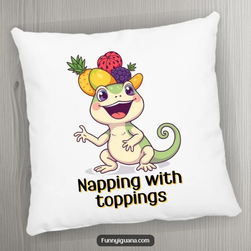 Funny kawaii iguana pillow featuring a joyful iguana balancing a colorful assortment of fruits on its head. Soft and decorative.
