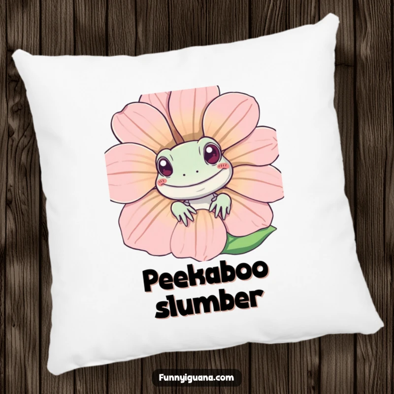 Funny Kawaii iguana peeking from behind a smiling flower on a plush pillow, offering comfort and a dose of humor, a perfect funny gift.