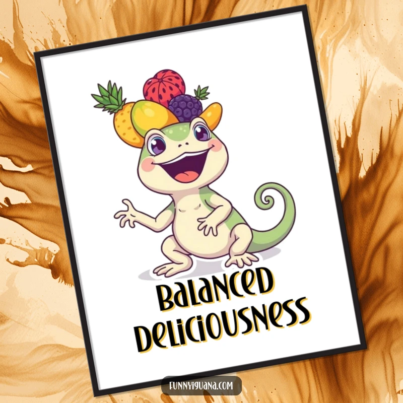 Funny kawaii iguana digital art print of an iguana balancing a colorful stack of fruits on its head, ready for download.