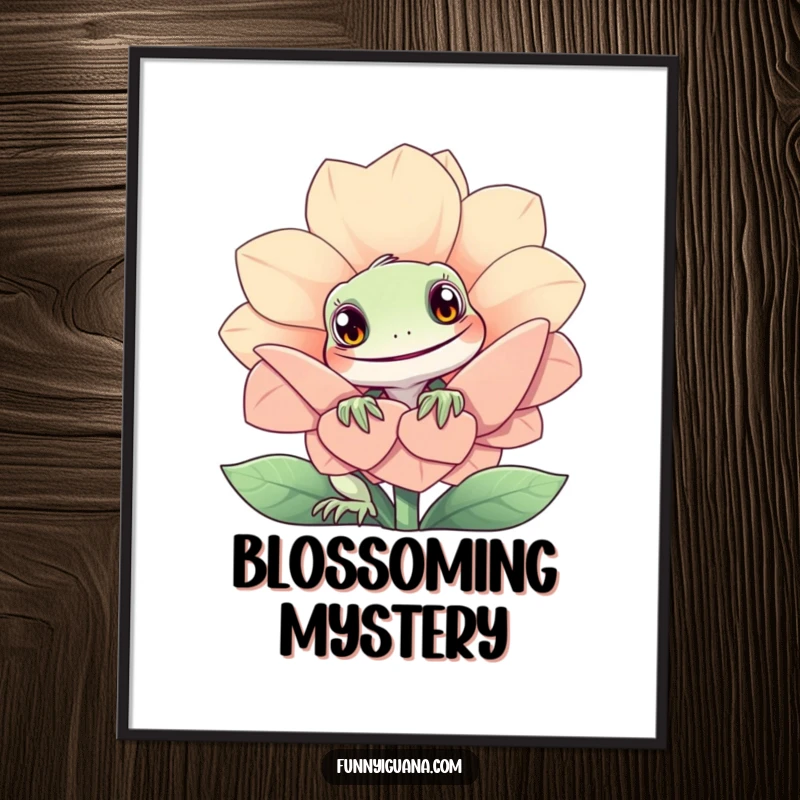 Funny kawaii iguana digital art print of a curious iguana peeking from behind a giant smiling flower, ready for download.