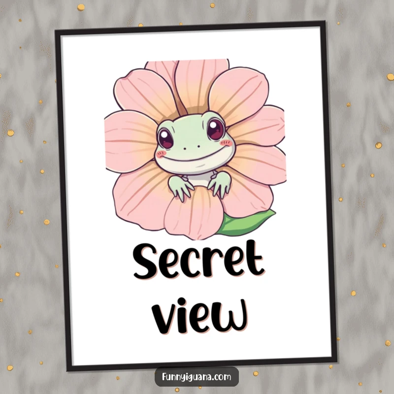 Funny Kawaii iguana peeking from behind a smiling flower, a digital art print bursting with cute charm and humorous appeal for instant decor.