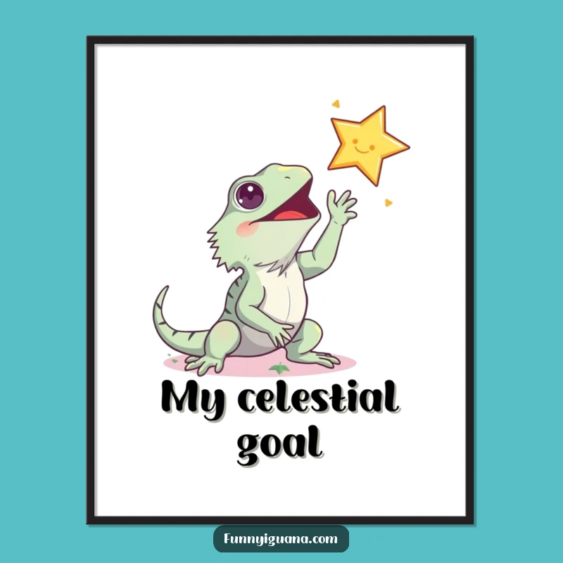 Funny Kawaii Iguana Star Reach Digital Art - Instant Humorous Decor Gift!