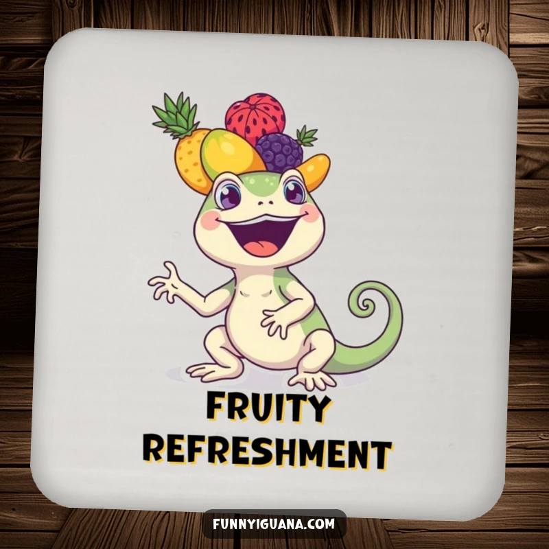 Funny kawaii iguana coaster featuring an iguana balancing a stack of colorful fruits. Protects tables from drinks.