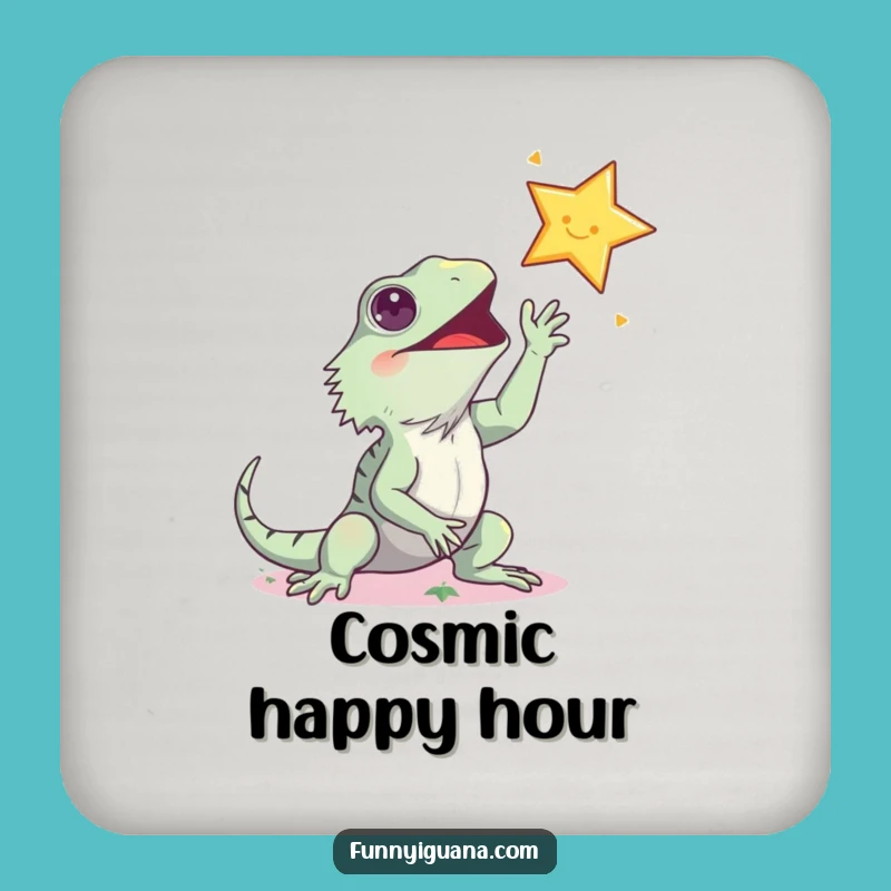 Funny Kawaii Iguana Star Reach Coaster - Tabletop Humorous Gift Accessory!