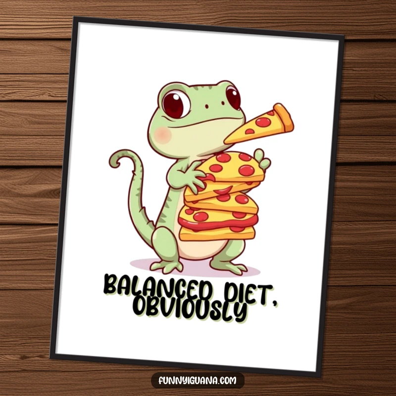 Funny Kawaii Iguana Poster: wall art featuring a cute iguana playfully balancing a tall stack of pizza slices, a humorous and appetizing design.