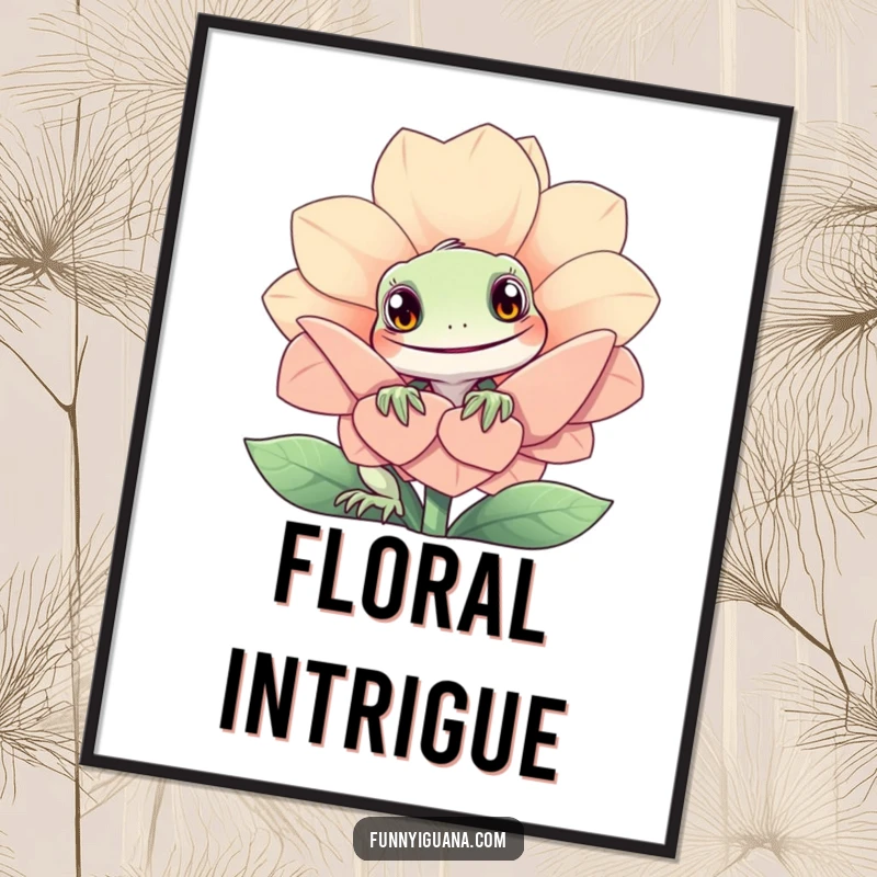 Funny kawaii iguana poster showing a curious iguana peeking from behind a large, smiling flower. Whimsical wall art.