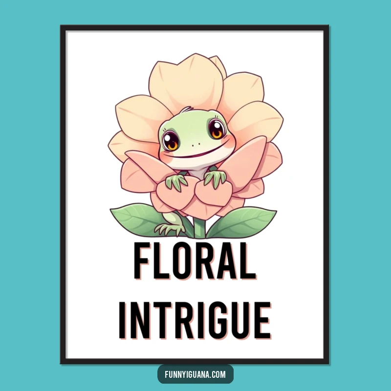 Funny Iguana Poster - Kawaii Flower Peek Wall Art