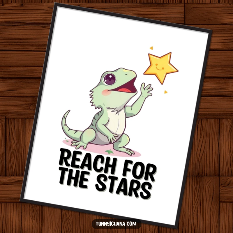 Funny kawaii iguana poster, joyfully reaching for a suspended star, making for a humorous and aspirational wall decoration.