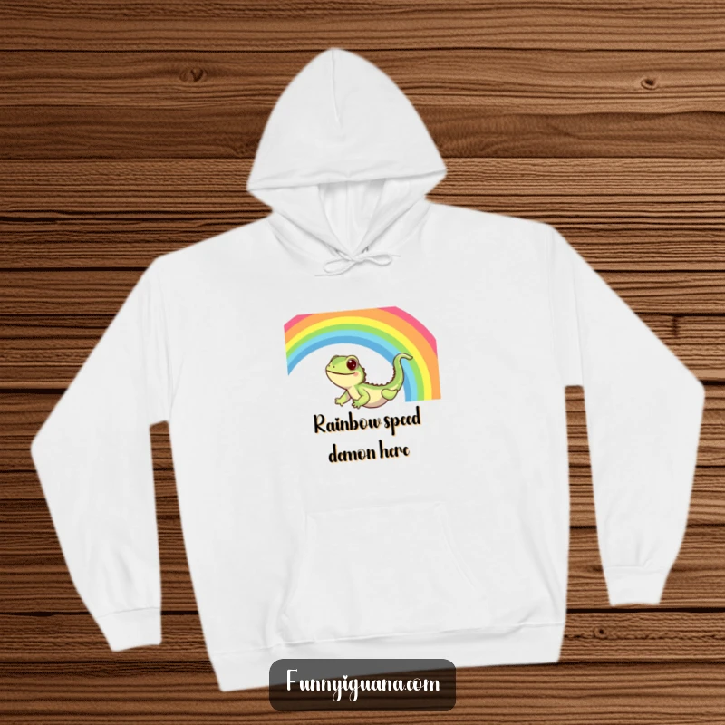 Funny Kawaii Iguana Hoodie: warm hoodie featuring a cute iguana sliding down a vibrant rainbow with sheer delight, a cozy and fun design.