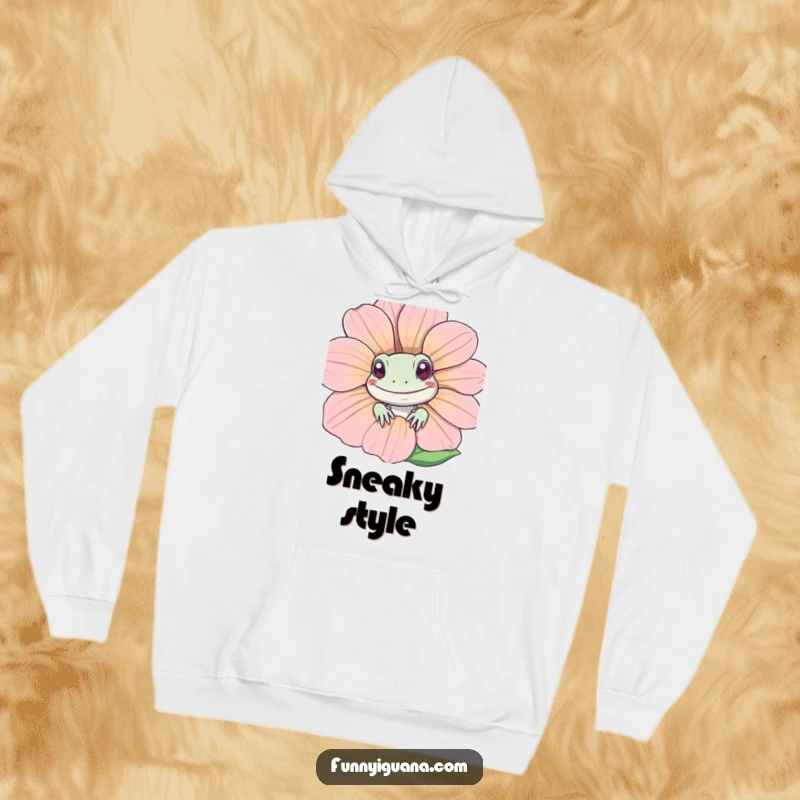 Funny Kawaii iguana peeking from behind a big, happy flower, depicted on a soft hoodie, making it a funny and wearable piece of art.