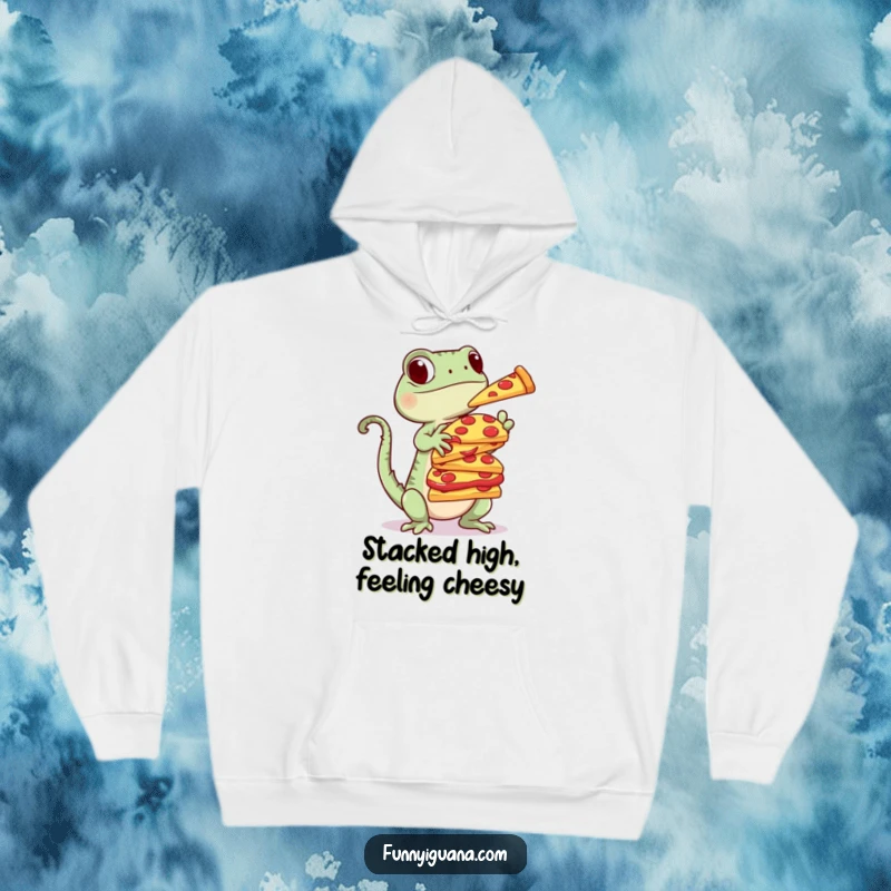 Funny Kawaii Iguana Hoodie: warm hoodie featuring a cute iguana with a stack of pizza slices, balancing perfectly with humorous charm.