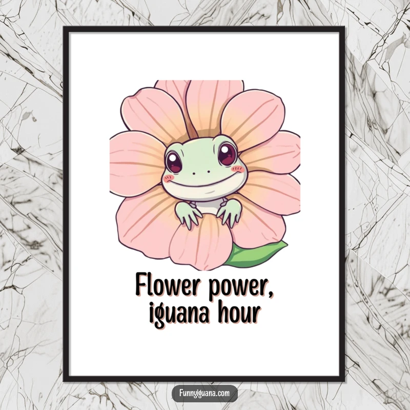 Funny Free Printable Wall Art: Kawaii iguana peeking from behind a giant, happy smiling flower, adding quirky charm.
