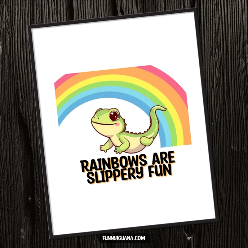 Funny Free Printable Wall Art: A cute kawaii iguana in a state of pure delight, sliding down a bright rainbow.