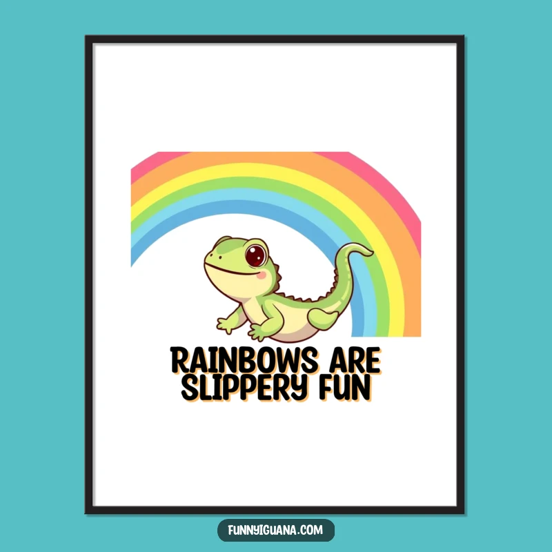 Funny Free Printable Wall Art: Kawaii Iguana Slides Rainbow, Hilarious Downloadable Decor