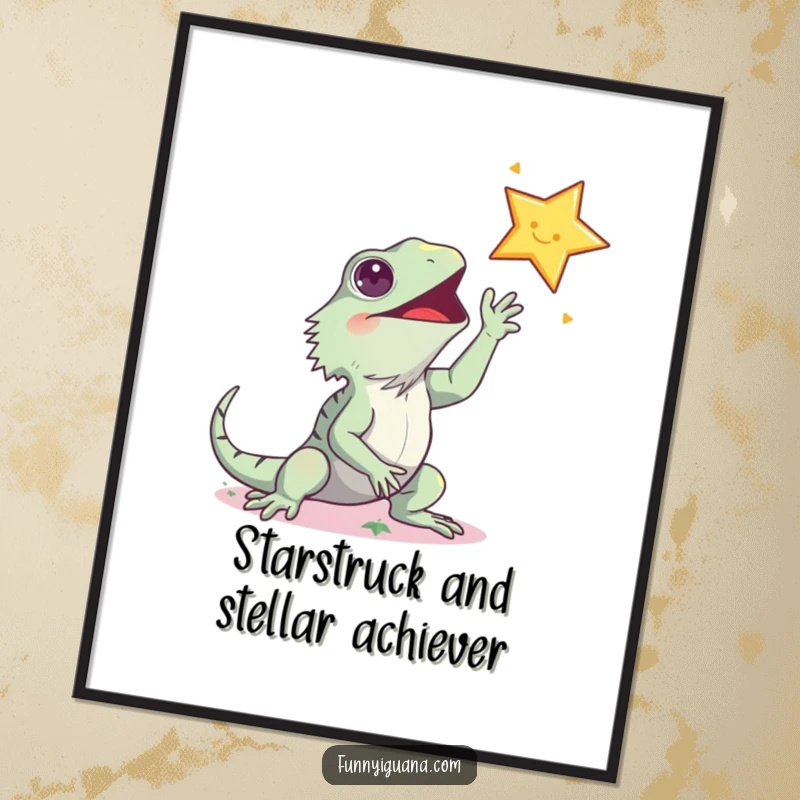 Funny free printable wall art: Kawaii iguana enthusiastically reaching for a dazzling star, inspiring ambition and joy.