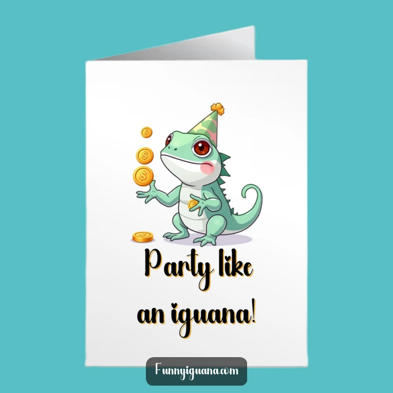 Free Printable Birthday Card: Funny Kawaii Iguana Juggles Coins, Hilarious Downloadable Gift