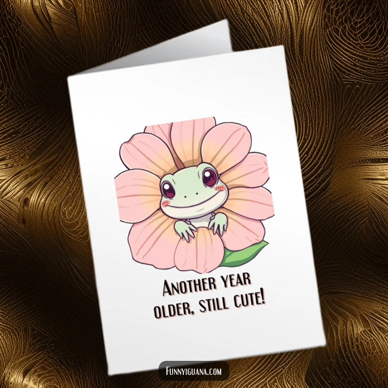Funny Free Printable Birthday Card: Kawaii iguana peeking coyly from behind a huge, grinning flower, ready to surprise.