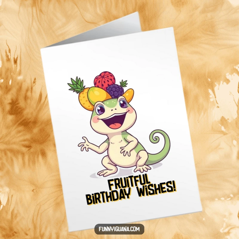 Funny free printable birthday card: A joyful kawaii iguana with a huge smile balances a tall stack of colorful fruits on its head.