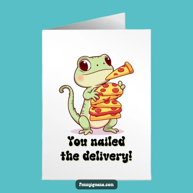 Free Printable Congrats Card: Funny Kawaii Iguana Balances Pizza, Downloadable Gift