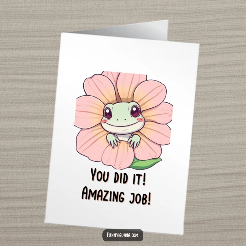 Funny Free Printable Congrats Card: Kawaii iguana peeking from a giant smiling flower, sharing joyful congratulations.