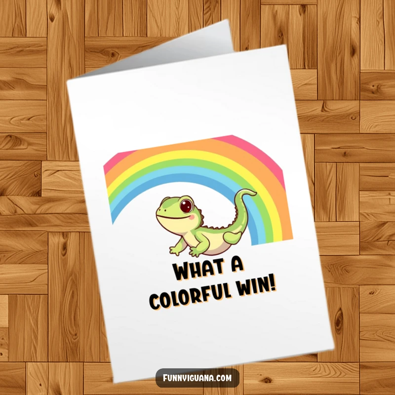 Funny Free Printable Congrats Card: A delighted kawaii iguana joyfully sliding down the arc of a shining rainbow.