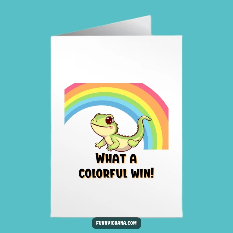Free Printable Congrats Card: Funny Kawaii Iguana Rides Rainbow to Success, Downloadable Gift