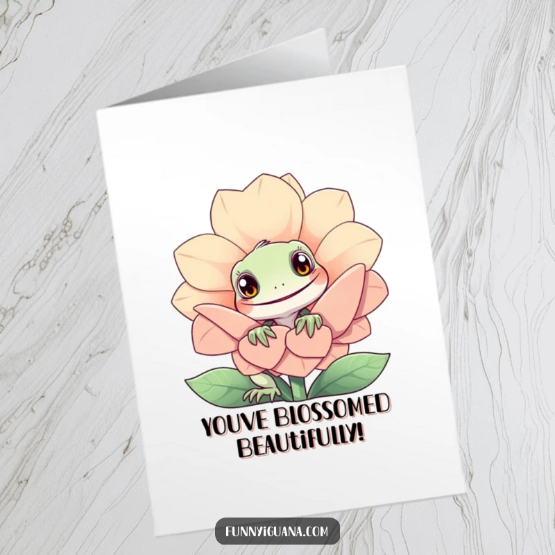 Funny free printable congratulations card: A curious kawaii iguana cautiously peeks from behind a large, cheerful, smiling flower.
