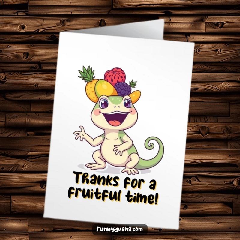 Funny free printable thank you card: A happy kawaii iguana with a wide grin balances a colorful assortment of fruits on its head.