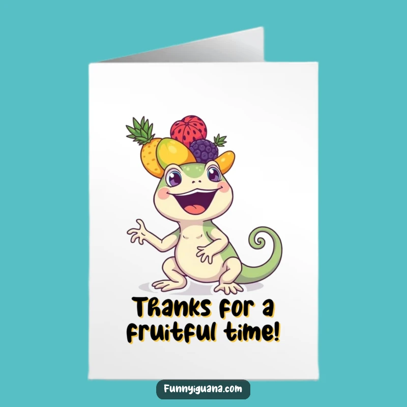Free Printable Thank You Card: Joyful Iguana Fruit Stack Funny Downloadable Gift