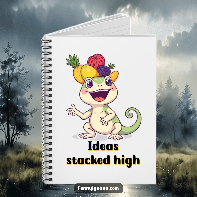Funny kawaii iguana notebook featuring a joyful iguana balancing a colorful stack of fruits. Ideal for writing and planning.