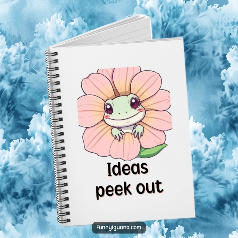 Funny Kawaii iguana peeking from behind a smiling flower on the cover of a notebook, ideal for journaling and a touch of humor.