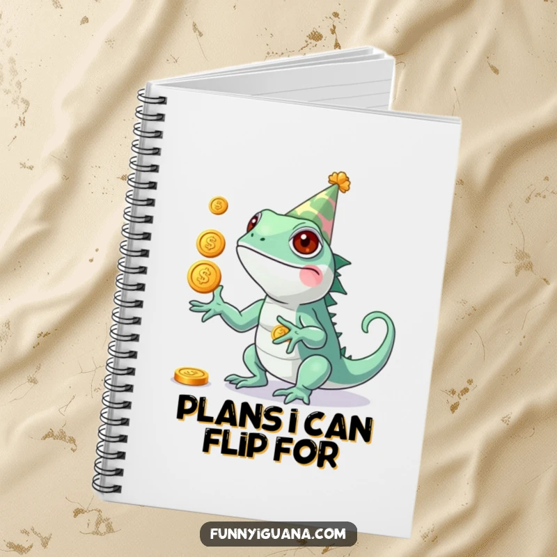 Funny Kawaii Iguana Notebook: journal with a cute iguana in a party hat, juggling shiny coins, encouraging ambitious and fun entries.