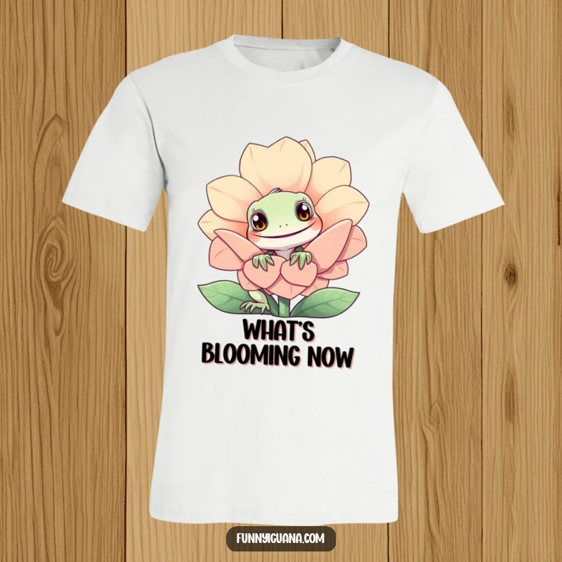Funny kawaii iguana t-shirt depicting a curious iguana peeking from behind a large, smiling flower. Vibrant and fun graphic.