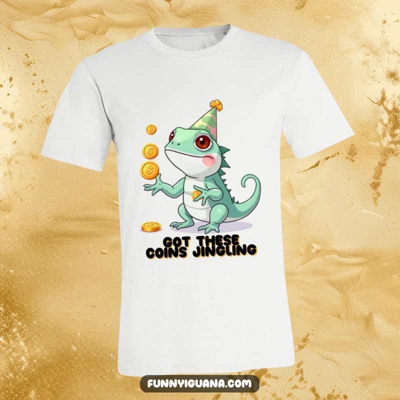 Funny Kawaii Iguana T-Shirt: cool tee with a cute iguana in a party hat, comically juggling shiny coins, celebrating joyfully.