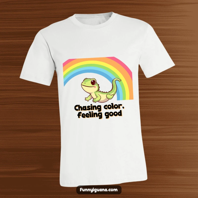 Funny Kawaii Iguana T-Shirt: colorful tee with a cute iguana gleefully sliding down a bright, shimmering rainbow with pure delight.