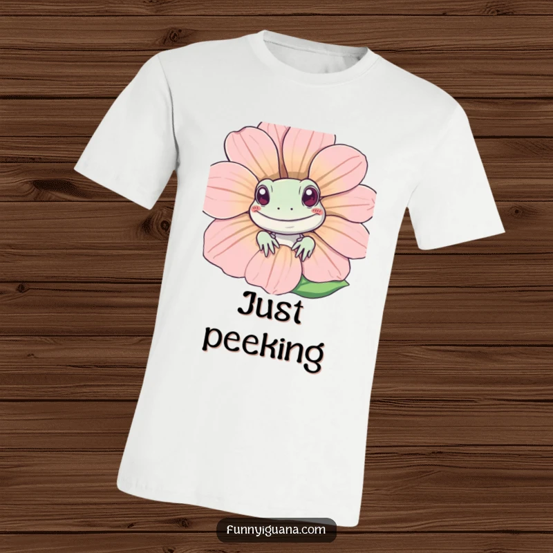 Funny Kawaii iguana peeking from behind a giant, smiling flower on a comfortable t-shirt, perfect for animal lovers and gift-givers.