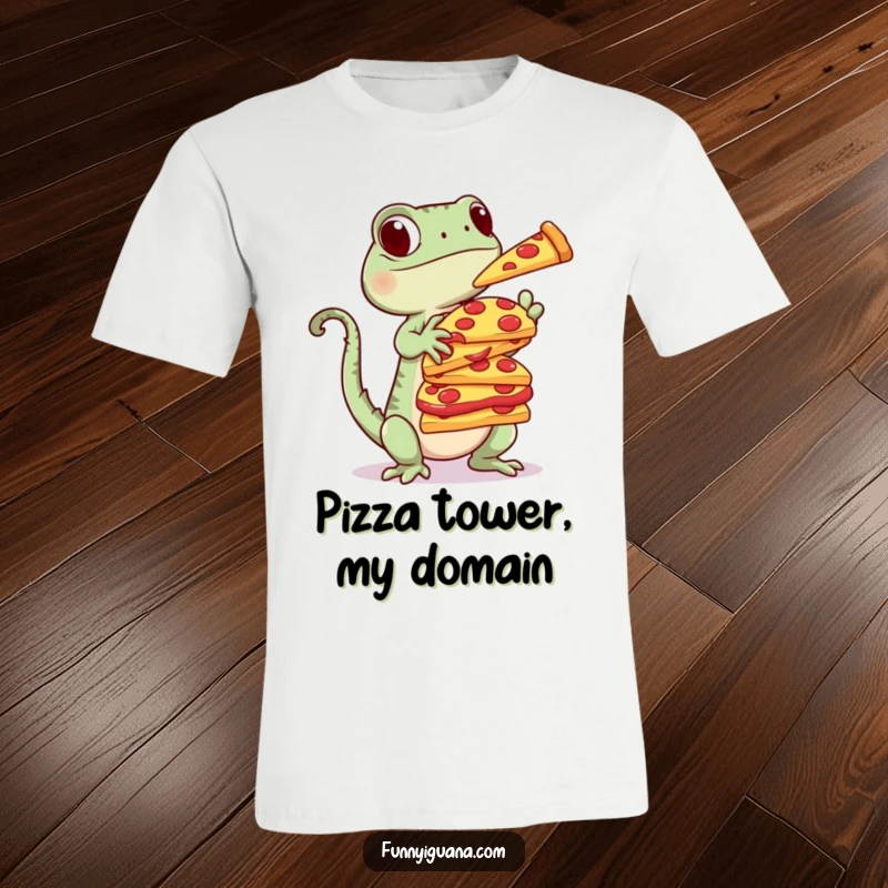 Funny Kawaii Iguana T-Shirt: cool tee with a cute iguana balancing a precarious stack of pizza slices, a humorous and appetite-inducing design.