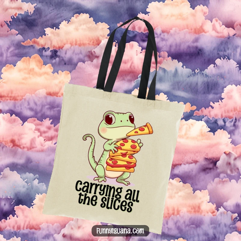 Funny Kawaii Iguana Tote Bag: sturdy bag with a cute iguana balancing a tall stack of pizza slices, a fun and practical accessory for foodies.